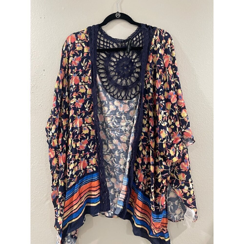 COLLEEN LOPEZ WOMENS multicolor FLORAL KIMONO TOPPER OPEN FRONT COVER UP CROCHET